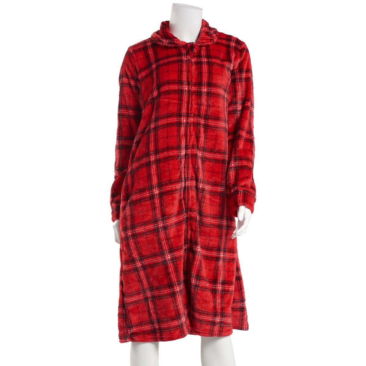 Womens Charmour Plaid Plush Flannel Zip Front Duster Robe