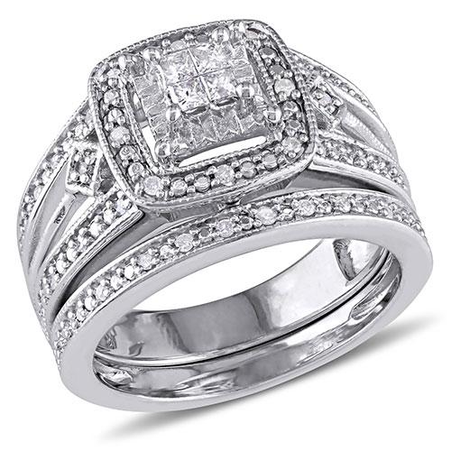 Loveblooms(tm) Sterling Silver 1/4ctw. Diamond Bridal Ring Set