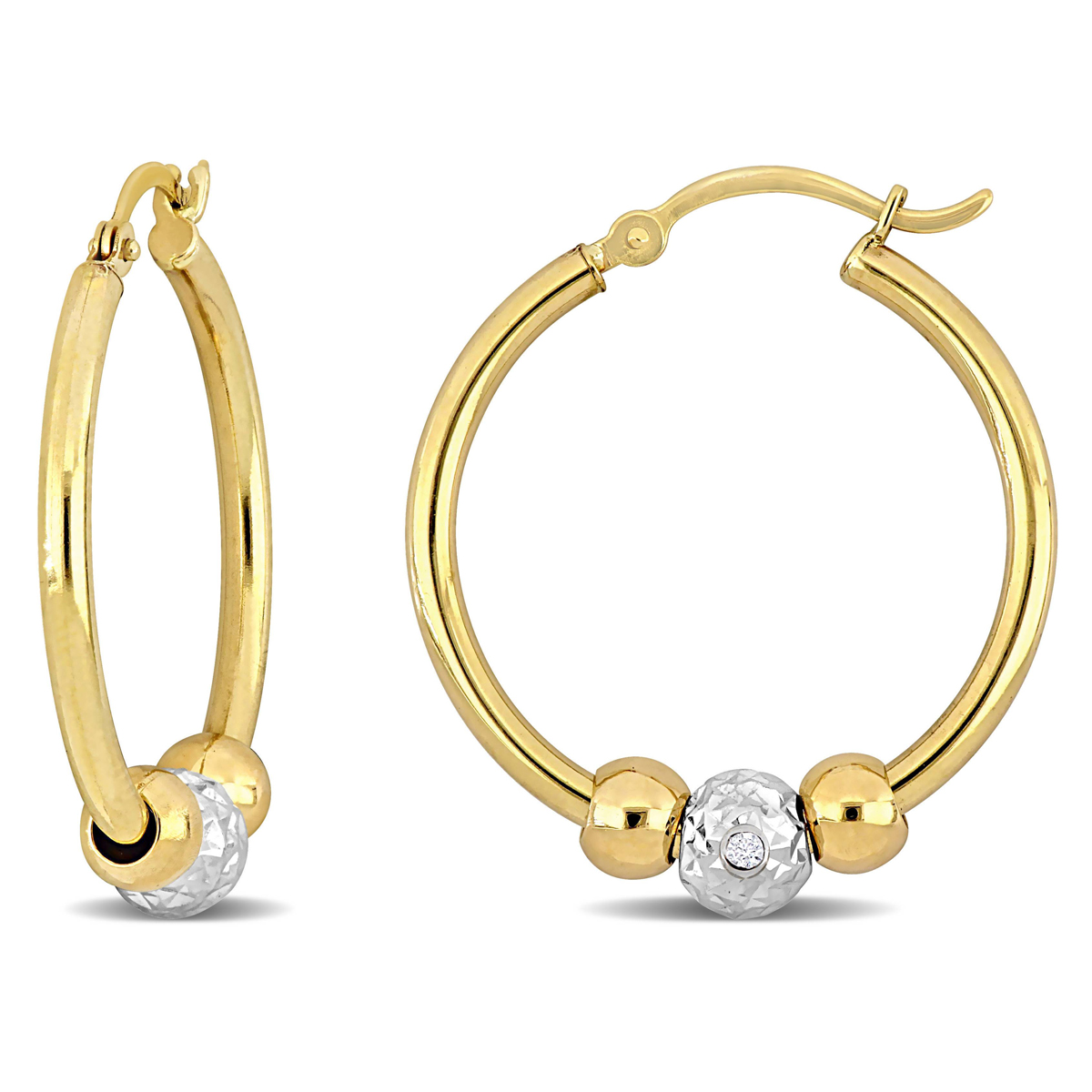 Sophia B 1/8ctw. Diamond 14kt. Gold 3 Bead Hoop Earrings