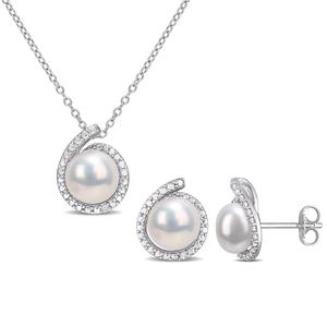 Gemstone Classics(tm) White Pearl & Diamond Earrings & Pendant Set