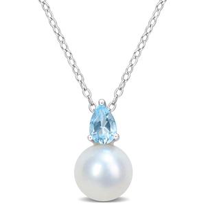 Gemstone Classics(tm) Freshwater Pearl & Blue Topaz Pendant Necklace