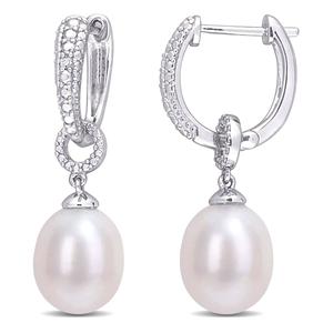 Gemstone Classics(tm) Pearl & Diamond Drop Hoop Earrings