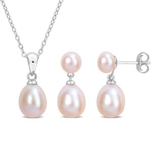 Gemstone Classics(tm) Rice Pink Pearl Earrings & Necklace Set