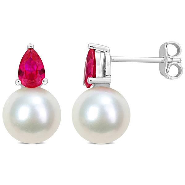 Gemstone Classics(tm) Freshwater Pearl & Created Ruby Stud Earrings
