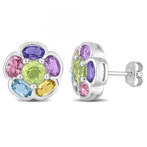 Sophia B Sterling Silver Multi-Gemstone Floral Stud Earrings