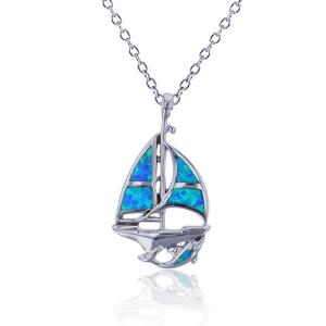Gemstone Classics(tm) Silver & Created Opal Boat Necklace