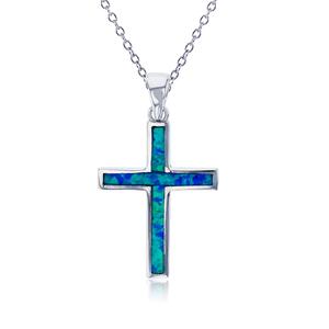 Gemstone Classics(tm) Silver Created Opal Cross Necklace