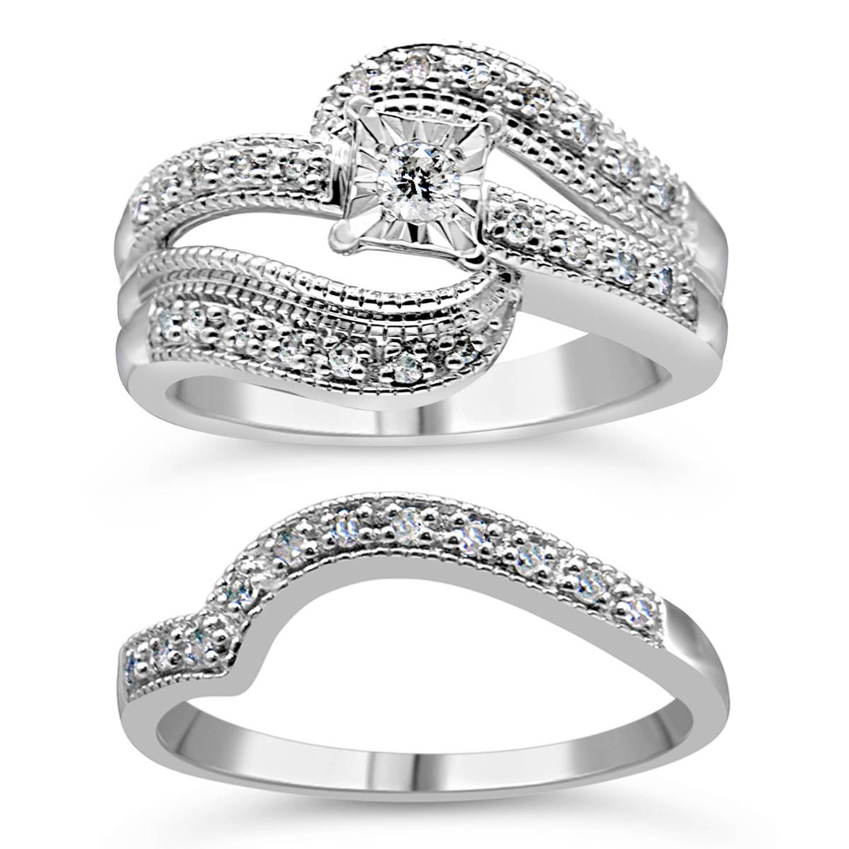 Haus Of Brilliance Sterling Silver 1/3ctw. Diamond Bridal Set