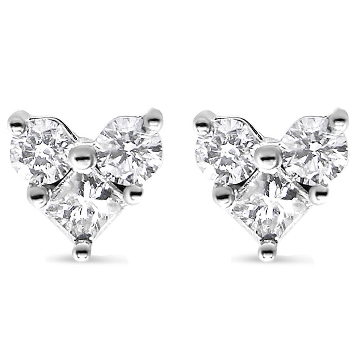 Haus Of Brilliance White Gold 3-Stone Heart Stud Earrings