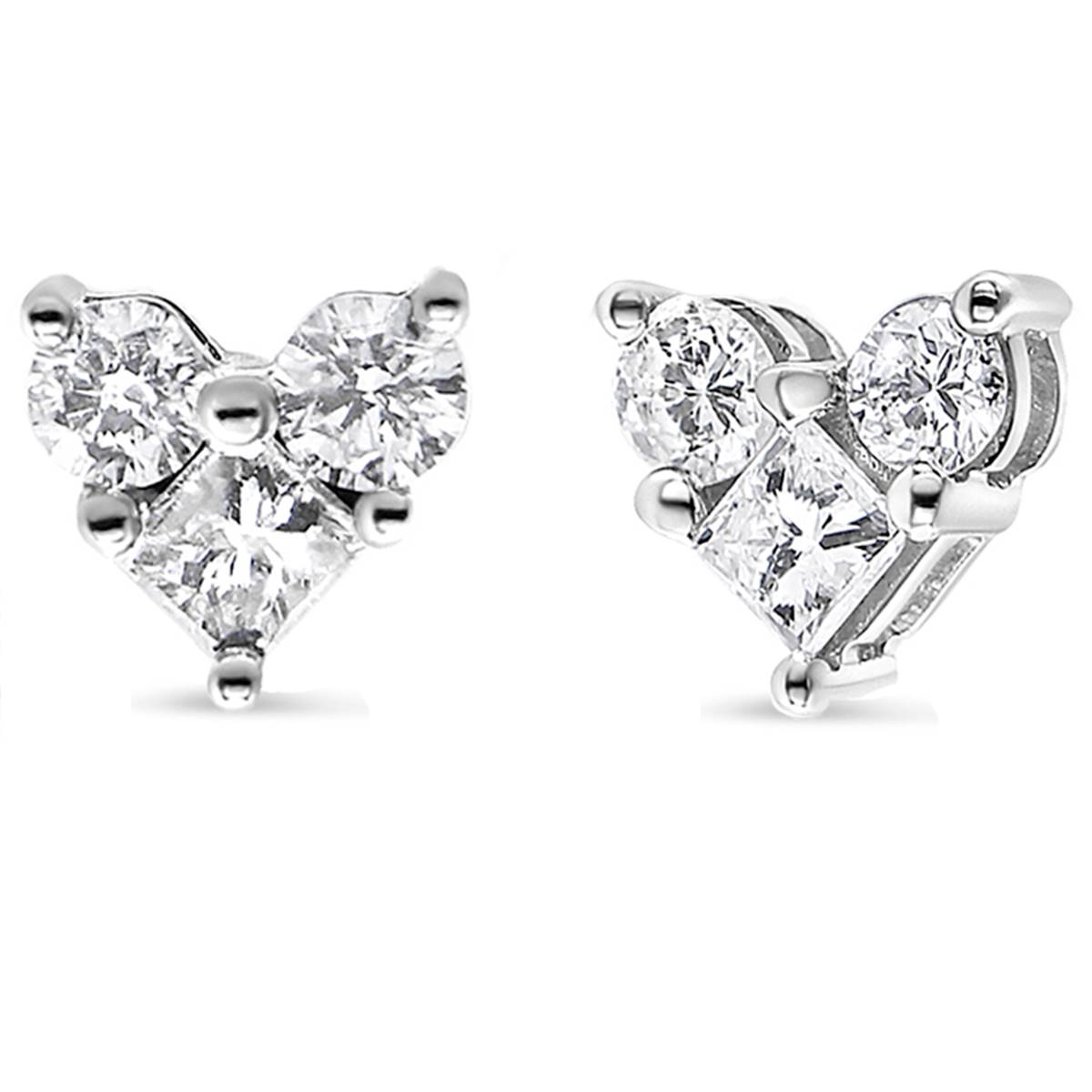 Haus Of Brilliance White Gold 3-Stone Heart Stud Earrings