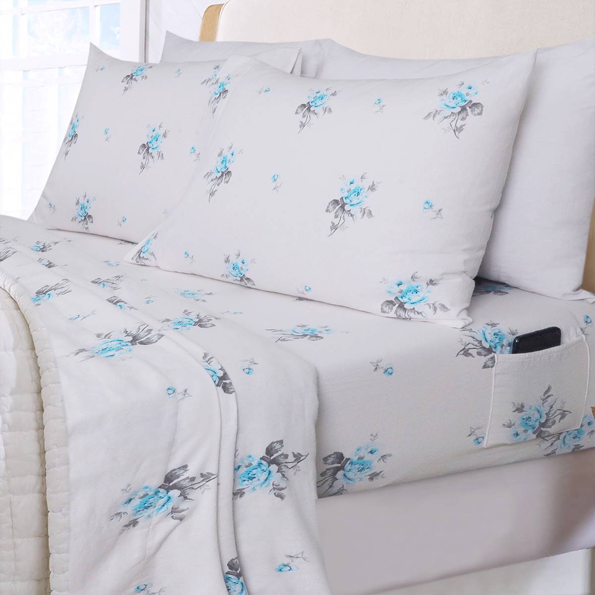 EnvioHome Durable Cotton Winter Flannel Blue Floral Sheet Set
