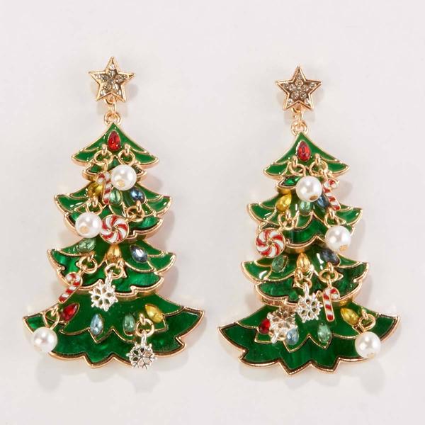 Free Moving 3D Christmas Tree with Ornaments Drop Earrings