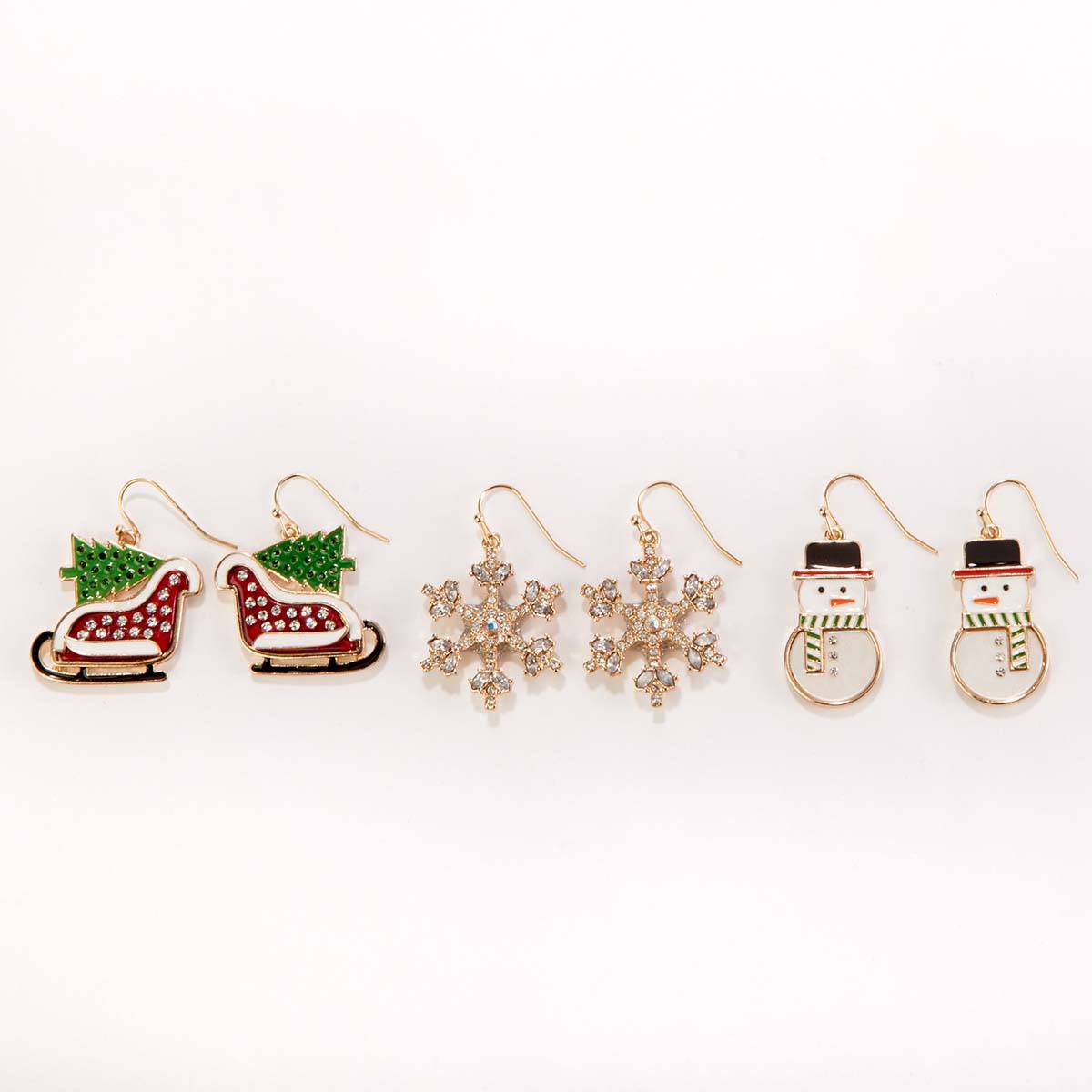 3pr. Snowflake Snowman & Sleigh W/ Tree Drop Earrings