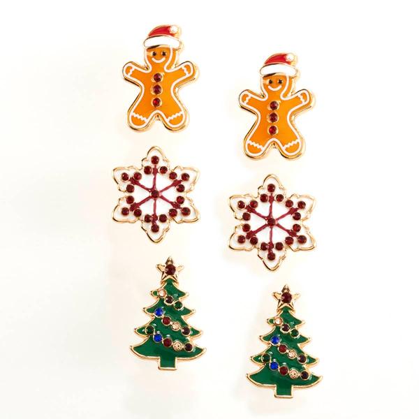 3pr. Christmas Tree Gingerbread Man & Snowflake Stud Earrings