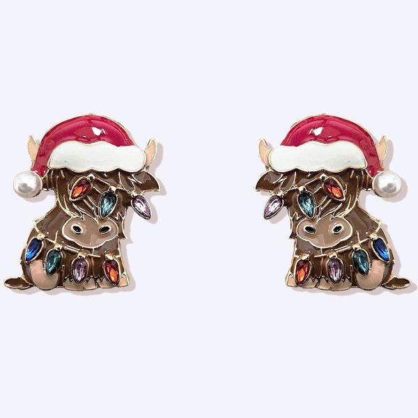 Gold-Tone Highland Cow with Lighted Santa Hat Earrings