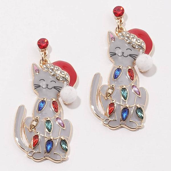 Cat with Santa Hat and Lights Drop Earrings