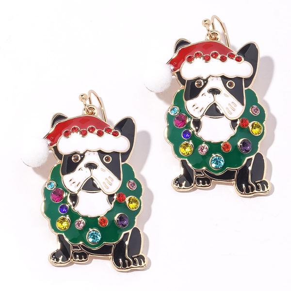 Gold-Tone French Bulldog with Wreath Fishhook Earrings