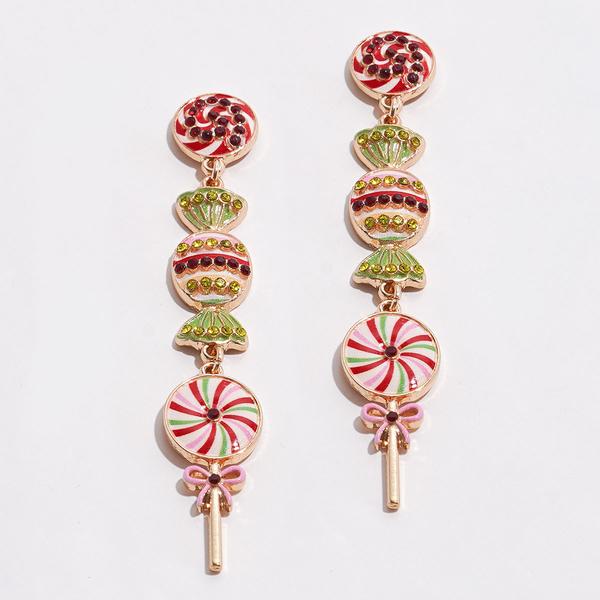 Gold-Tone Christmas Pink Cocktail with Peppermint Candy Earrings