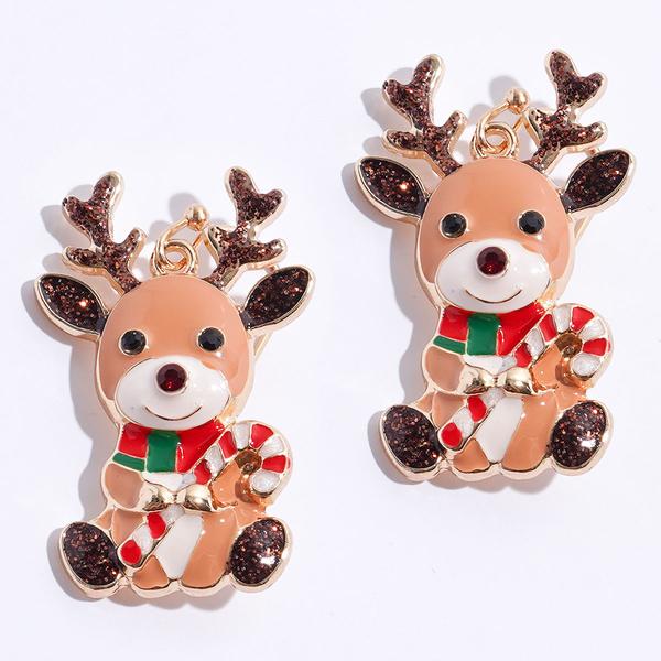 Reindeer Holding Candy Cane Fishhook Earrings