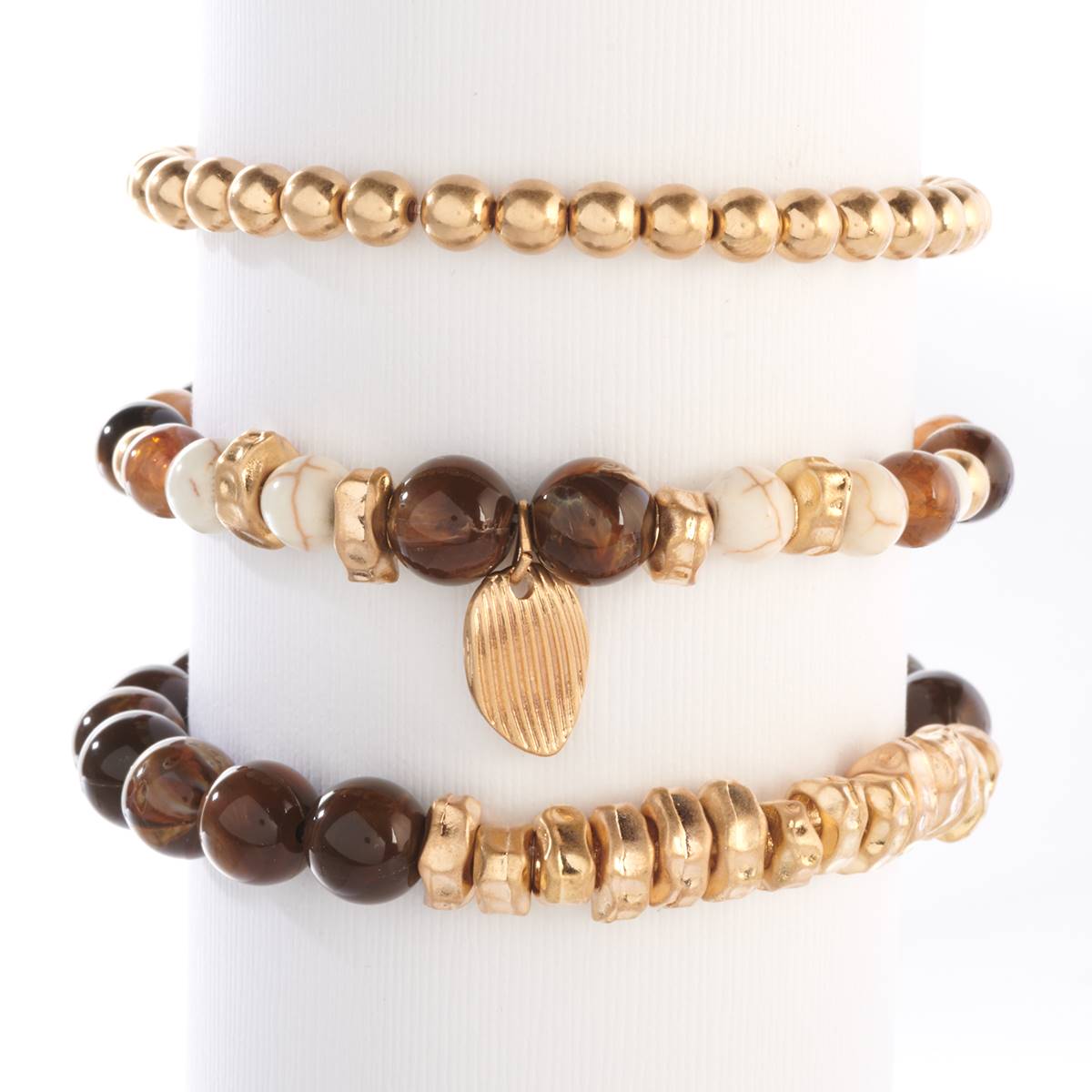 Ashley Cooper(tm) 3-Row Shiny Gold & Brown Bead Charm Bracelet