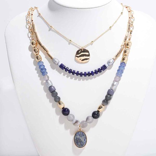 Ashley Cooper(tm) Blue Stone Beaded 3 Row Necklace with Pendant