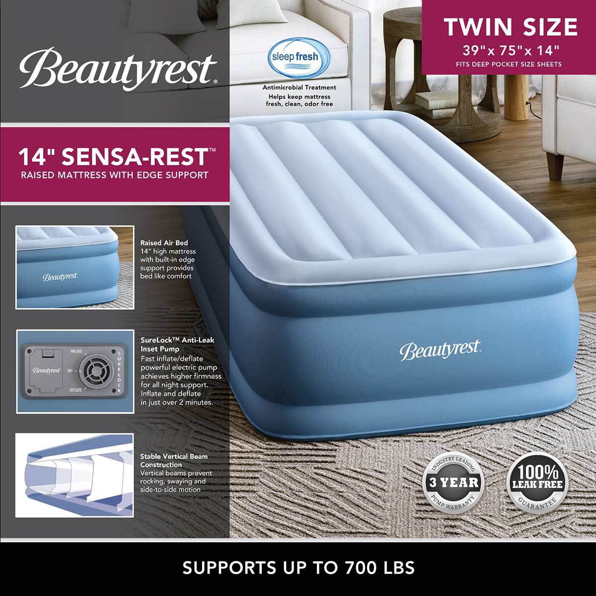 Beautyrest(R) Sensa-Rest(tm) Twin Air Bed Mattress