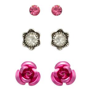 Freedom Pink Stud/Crystal Antique Flower/Rose Stud Earrings Set