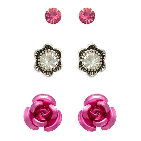 Freedom Pink Stud/Crystal Antique Flower/Rose Stud Earrings Set