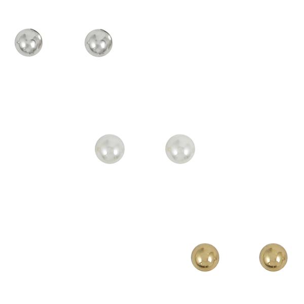Freedom 3pr. Pearl/Silver/Gold Ball Stud Earrings