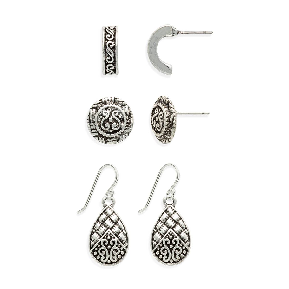 Freedom Nickel Free 3pr. Antique Silver Bali Etched Earrings Set