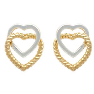 Freedom Two-Tone Smooth & Textured Double Heart Stud Earrings