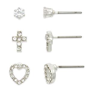 Freedom 3pr. Crystal Stud Cross & Heart Earrings Set