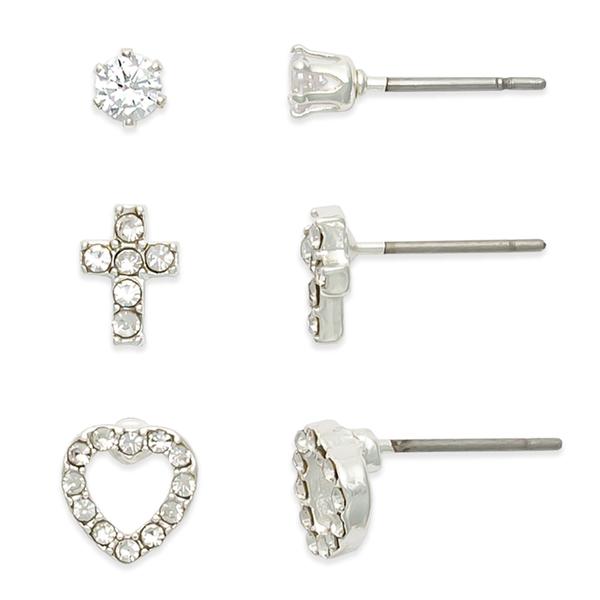 Freedom 3pr. Crystal Stud Cross & Heart Earrings Set