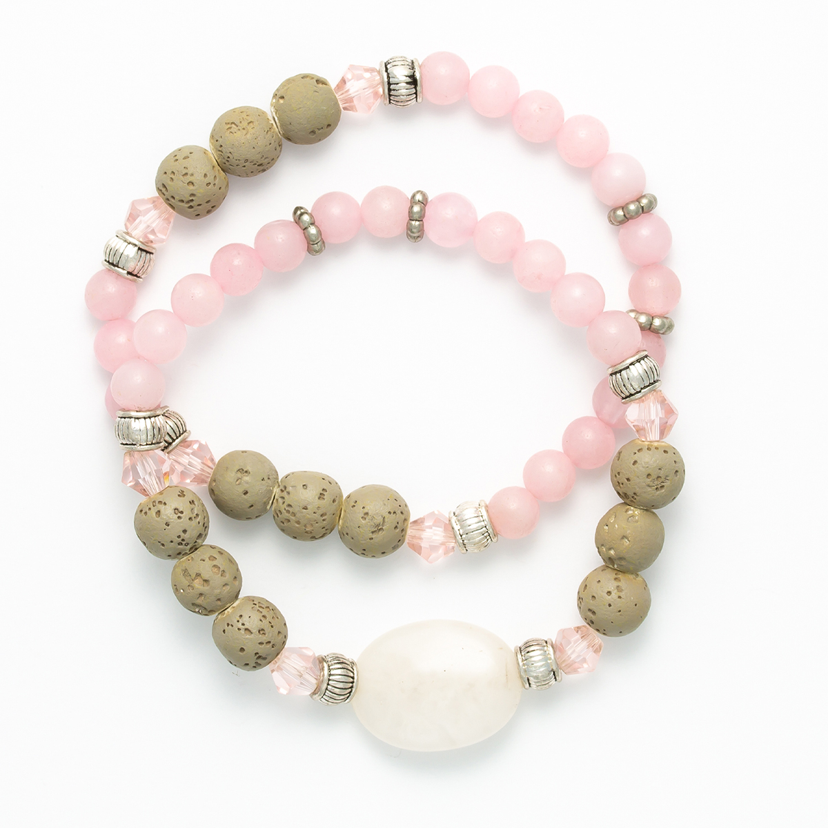 Rose Quartz & Ivory Lava 2pc. Stretch Bracelet Set