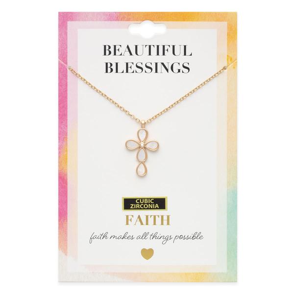 Beautiful Blessings Gold-Tone Mother of Pearl CZ Cross Necklace