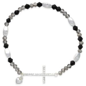 Beautiful Blessings Hematite Jet Stone Stretch Bracelet w/ Cross