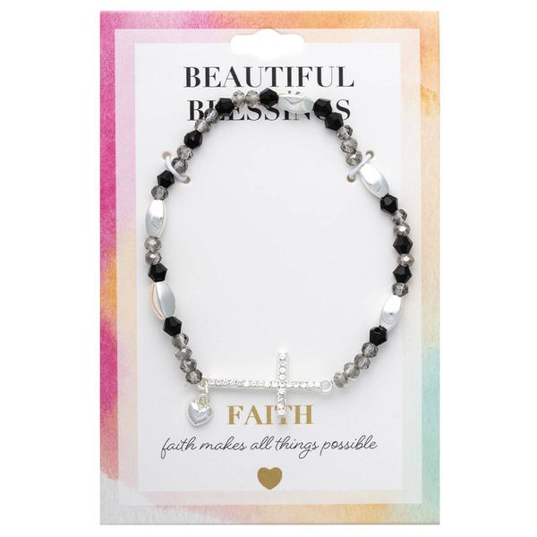 Beautiful Blessings Hematite Jet Stone Stretch Bracelet w/ Cross alternate view