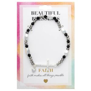 Beautiful Blessings Hematite Jet Stone Stretch Bracelet w/ Cross alternate view