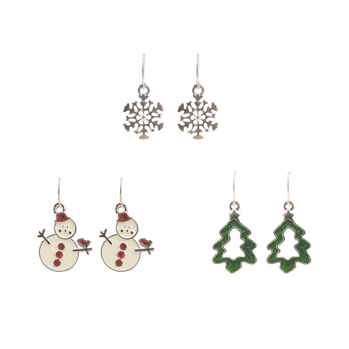 Silver Snowflake Christmas Tree & Snowman Trio Earrings Set