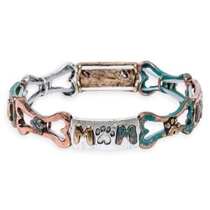 Mixed Metals & Antique Patina Tri-Tone Mom/Bone Stretch Bracelet