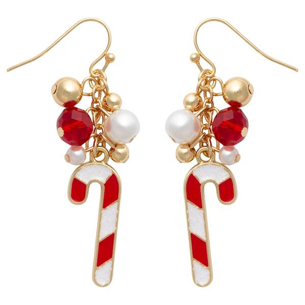 Pearl/Gold Ball/Red Stone Drop Candy Cane Earrings