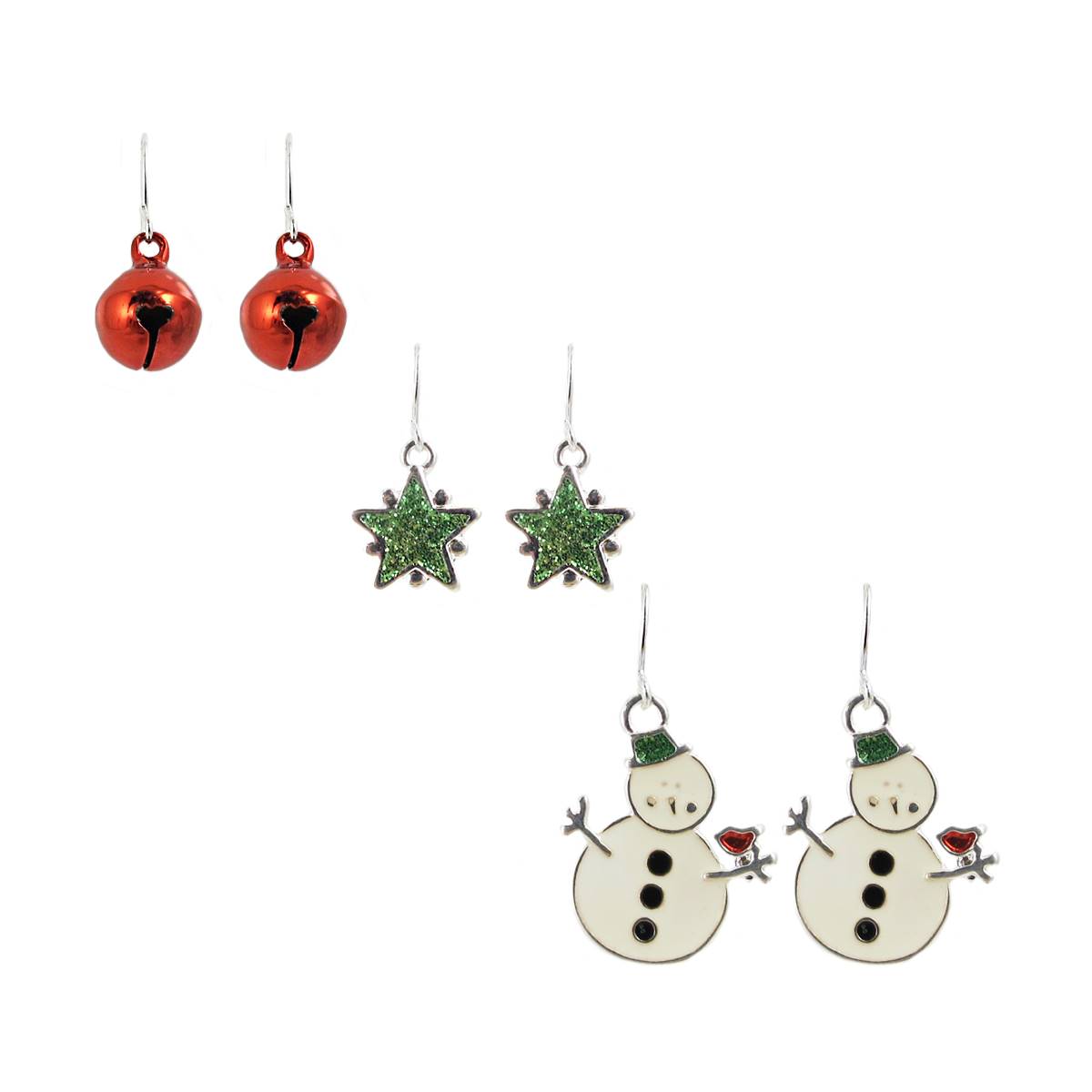 Red Ball Green Star & Snowman Trio Earrings Set