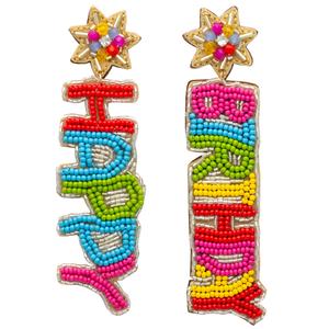 Happy Birthday Multi Color Seed Bead Linear Dangle Earrings