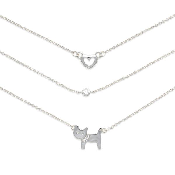 Three Silver-Tone Open Heart/Crystal/ Cat Charm Necklace Set