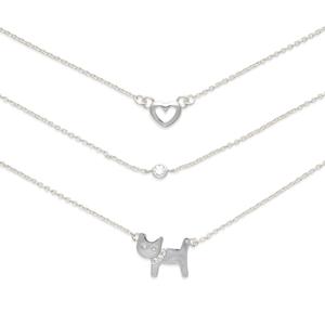 Three Silver-Tone Open Heart/Crystal/ Cat Charm Necklace Set