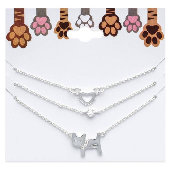 Three Silver-Tone Open Heart/Crystal/ Cat Charm Necklace Set alternate view