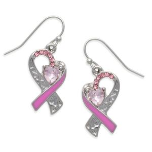 Breast Cancer Awareness Ribbon Heart Scroll Filigree Earrings