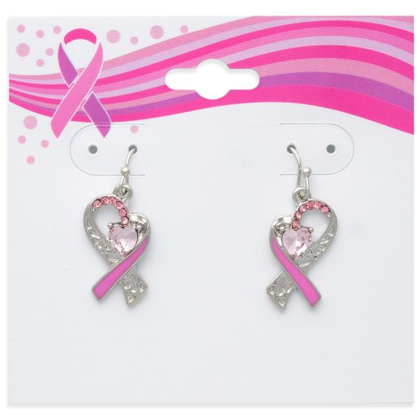 Breast Cancer Awareness Ribbon Heart Scroll Filigree Earrings alternate view