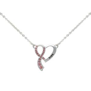 Breast Cancer Awareness Silver Heart w/ Pink Rhinestone Necklace