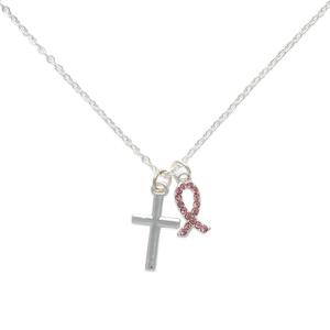 Breast Cancer Awareness Cross & Ribbon Rhinestone Charm Necklace